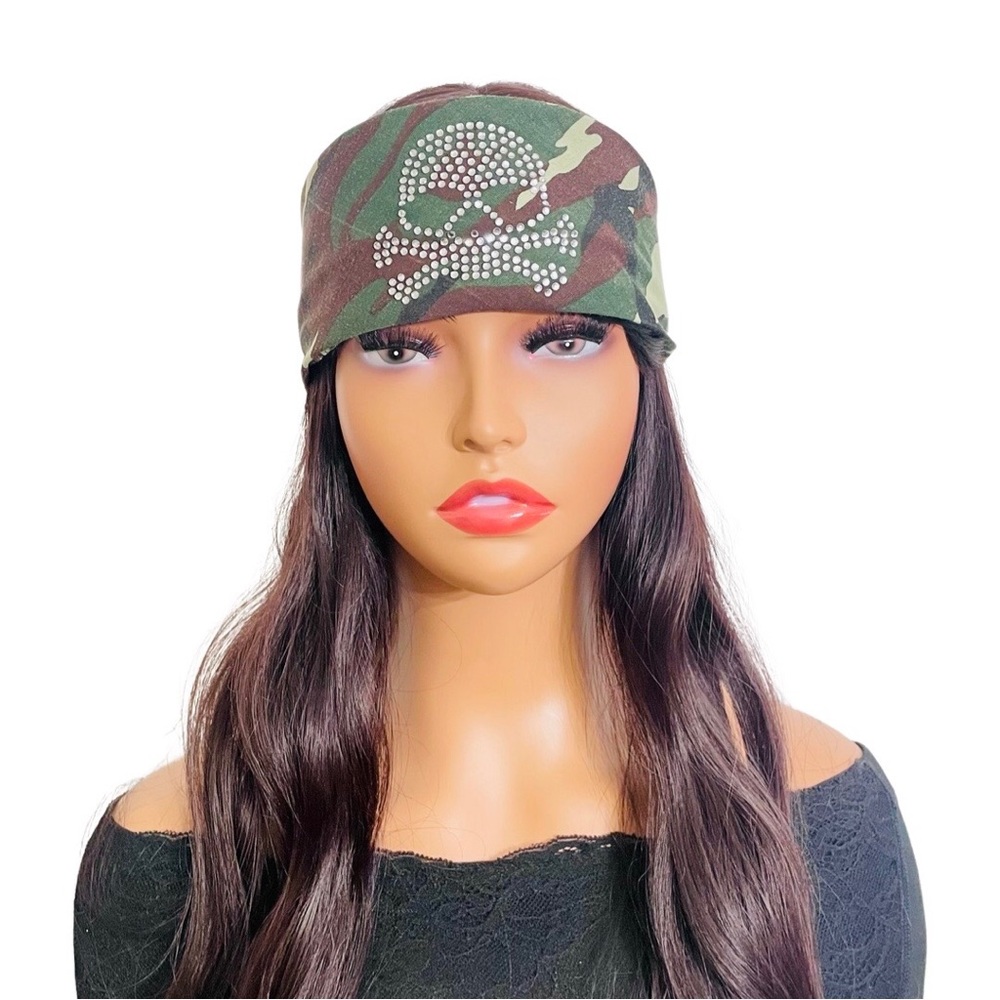 Luxe Swarovski Crystal Skull & Crossbones Camo Bandana | Rocker Chic Headscarf - Picture 2 of 5